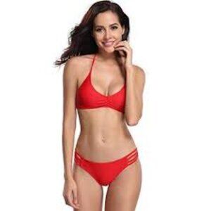 SHEKINI 2 Piece Bikini Women's size L Cherry Rose Red Strappy & Cheeky